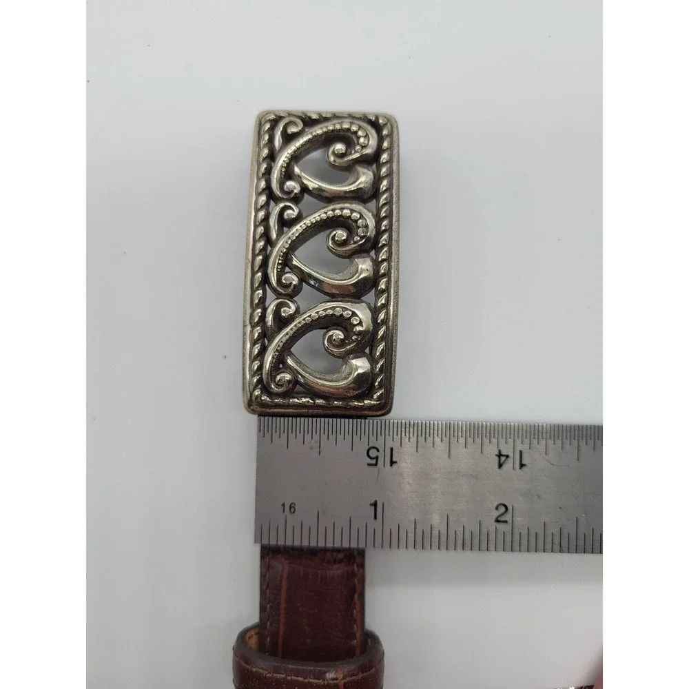 VTG Brighton Brown Leather Belt Silver Heart Buckle Croc Embossed Small 28